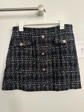 Black Tweed Button-Front Mini Skirt